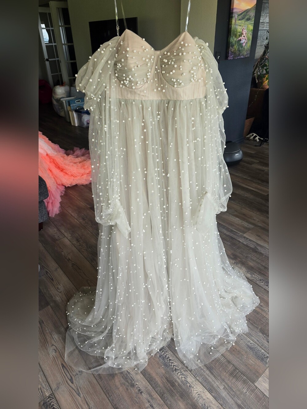 Sage Green Pearl-Embellished Tulle Maternity Gown